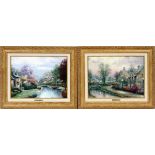 THOMAS KINKADE, COLORED PRINTS, LANDSCAPES, PAIR, H 12", W 16""Lamplight Lane", "Lamplight Brook".