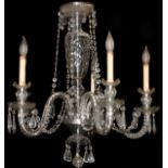 FIVE-LIGHT CRYSTAL CHANDELIER C1920, H 28", DIA 24"crystal swags and drops. Five scroll form arms