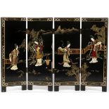 CHINESE BLACK LACQUER & HARDSTONE FOUR-PANEL TABLE SCREEN, H 14 1/2", W 21"Each rectangular panel is