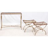 CONTEMPORARY GILT TONE METAL OTTOMANS & CONSOLE, THREE PIECES, H 17"-29"Includes a pair of ottomans,