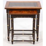 CHINESE OAK, BURL WOOD, AND BLACK LACQUER NESTING COFFEE TABLES, TWO PIECESLarger table has framed