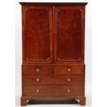 GEORGE III MAHOGANY LINEN PRESS, EARLY 19TH C., H 80", W 50", D 24"A beveled cornice with dentil