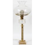 ALABASTER, BRASS & GLASS OIL LAMP, H 33", DIA 13"An alabaster column and base supporting a glass