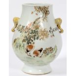 CHINESE WHITE PORCELAIN VASE, H 12", DIA 9"Double elephant handles, birds and trees in bloom.