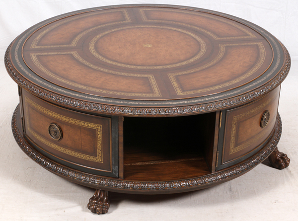MAITLAND-SMITH LEATHER TOP AND MAHOGANY COFFEE TABLE, H 20", DIA 54" - Image 2 of 2