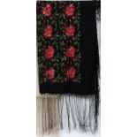 CHINESE EMBROIDERED BLACK SILK SHAWL WITH RED FLOWERS, C. 1920, W 48" (PLUS 16" FRINGE)Hand