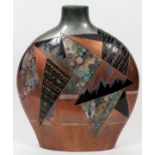 CONTEMPORARY POTTERY VASE, H 19", GEOMETRIC MOTIFBottle form.Good to Fair condition.Njd.- For High