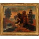 CAROLINE M. BENNET, OIL ON CANVAS, 21" X 25", CASTLE & MOATMarked in the lower center.Wear to the