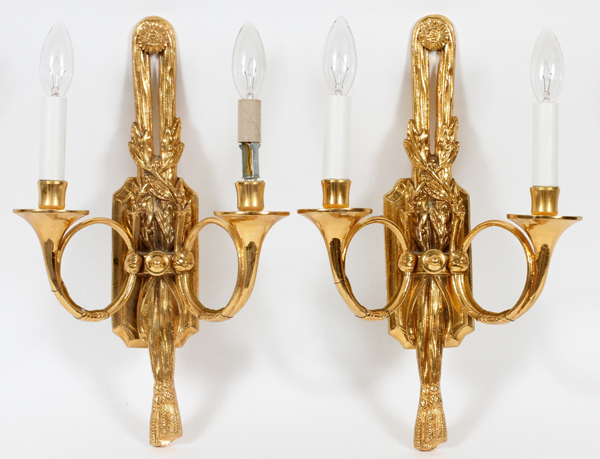 TWO-LIGHT HUNTER HORN FORM GILT METAL SCONCES, PAIR, H 14.5"Faux candle design, accented with tassel