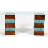 ART DECO CONSOLE TABLE WITH GLASS TOP, H 33", L 66"Frosted glass and copper pedestals; scalloped