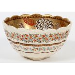 JAPANESE SATSUMA EARTHENWARE POTTERY BOWL, H 3", DIA 5"Scalloped rim, fired gold interior with