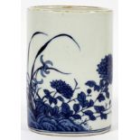 CHINESE OVAL BLUE AND WHITE PORCELAIN BRUSH POT, H 4", W 2 1/2", L 3"With floral landscape, with