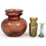 ROMAN GLASS VESSELS, THREE, H 2 1/2"-5"Including 1 bulbous shape, H.5", Dia.4 1/2", and 2 vial-form,