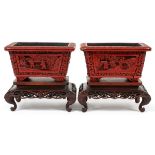 CHINESE CINNABAR PLANTERS ON STANDS PAIR 19TH.C. H 2 3/4' L 5 1/2"Early carved cinnabar planters (