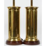 CHINESE CYLINDRICAL TABLE LAMPS, TWO PIECESPair tiered form wood bases with beige shade, 18''H. Lamp