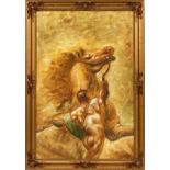 OIL ON CANVAS, MARLEY HORSE WITH MAN, H 36", W 24"Depicts a rearing horse and a nude man tugging