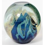 ECKHART BLOWN GLASS MAGNUM PAPER WEIGHT DIA 5"Signed. Two windows. Air bubbles, blue swirl.Good