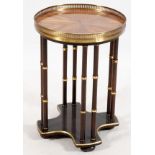 CHINESE STYLE LAMP TABLE, H 23'', DIA 16''Having round mahogany top with brass gallery. Eight bamboo