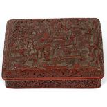 CHINESE CINNABAR BOX, 19TH C., L 6"Rectangular shape with removable cover, motif of figures and