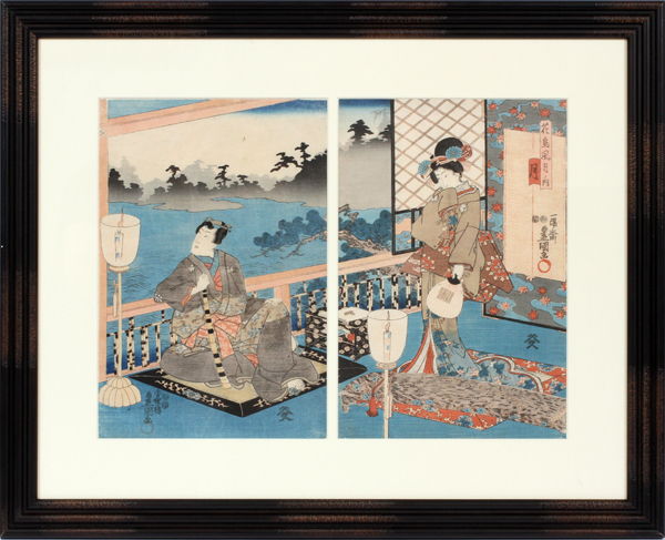 JAPANESE WOODBLOCK DIPTYCH, H 14.5", L 20", TWO FIGURESDepicting a male and female figure. Signed. - Image 2 of 3