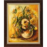 ETHEL KINNE OIL ON CANVAS FLORAL BOUQUET, H 20", W 16"framed still life of potted flowers. Signed