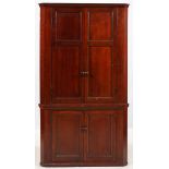 PRIMITIVE MAHOGANY CORNER CABINET, H 80", L 42", D 25.25"Two upper doors open to reveal three