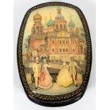 RUSSIAN LACQUER HINGED BOX, L 6 3/4"Oblong shape, the hinged cover is decorated with two Victorian