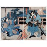 KUNIYOSHI, JAPANESE WOODBLOCK DIPTYCH, H 14", L 19.5", MALE AND FEMALE FIGURESDepicting a male and