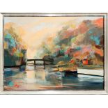 BILL HOUSE (AMERICAN, 20TH C.), OIL ON CANVAS, H 35 1/2", W 47 1/2", RIVERSIDE LANDSCAPESigned in