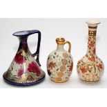 HAND-DECORATED PORCELAIN & POTTERY EWERS & VASE, EARLY 20TH C., THREE PIECES, H 6 1/2" - 7"; 8 3/4"