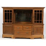 MISSION STYLE OAK CABINET H 60", W 82", D 18"Having a crown molding above two glass and wood