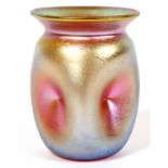 QUEZAL IRIDESCENT GLASS BUD VASE/TOOTHPICK HOLDER, H 2 3/4"A round flared rim above a squared body