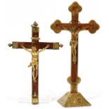 SPANISH BRASS & WOOD CRUCIFIXES, TWO, H 7 1/2" & 9 1/2"Including 1 for wall display, H.7 1/2", and 1