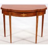 MAHOGANY FRUITWOOD INLAY FLIP TOP TABLE, C1950, H 31", L 38", D 20"Leaf and urn design.- For High