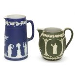 WEDGWOOD JASPERWARE PITCHERS, TWO, H 8" & 6"Including 1 blue jasperware, H.8", and 1 dark green