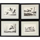 WILLIAM TYNER, BLACK AND WHITE LITHOGRAPHS, GEESE, GROUSE, QUAIL, TIMBER DOODLE, 4, H 8", W 11 1/2"