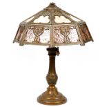 AMERICAN CAST METAL & CARAMEL SLAG GLASS TABLE LAMP, C. 1920-1935, H 25", W 20"Hexagonal shade;