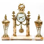 FRENCH EMPIRE STYLE MARBLE & GILT METAL CLOCK GARNITURE, SET OF THREE PIECESFeaturing an M. Deiber