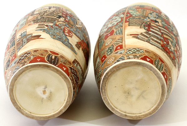 JAPANESE SATSUMA EARTHENWARE POTTERY VASES, C. 1900, PAIR, H 12", DIA 5"Depicting a seated samurai - Image 3 of 3