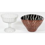 HAND PAINTED MODERN GLASS BOWL & OTHER COMPOTE, TWO PCS. H 7"A modern painted bowl, H.7" x 11",