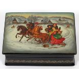 RUSSIAN LACQUER HINGED BOX, W 6"Rectangular box with hinged cover decorated with a troika scene;