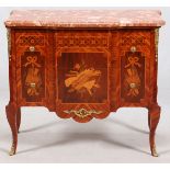 FRENCH FRUITWOOD AND MARBLE COMMODE, C. 1900, H 34", W 39", D 19"An inlaid fruitwood commode, bronze