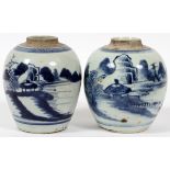 CHINESE CANTON BLUE & WHITE JARS, PAIR, H 4 1/2"Bulbous shape, painted scenic views; raised red seal