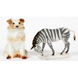 PORCELAIN FIGURES, ZEBRA & SEATED DOG, H 3"- 4"The seated dog measures H.4", along with a zebra