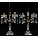 BRONZE & CUT CRYSTAL TWO LIGHT CANDELABRA, C. EARLY 20TH C., PAIR, H 17", W 9 1/2"Appear to be in