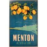 ANDRE BERMOND (1903-1983), COLOR POSTER, H 38 3/4", W 23 3/4", 'MENTON, AZUR ET OR'Framed, under