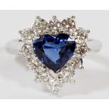 2.19CT SAPPHIRE AND DIAMOND RING, SIZE 7 1/4, GIAA GIA certified heart cut 2.19ct natural blue