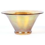 GOLD FAVRILE STYLE GLASS VASE, H 2 1/4", DIA 4 3/4"Round vessel with tapering sides; signed "LCT