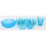 VICTORIAN BLUE HOBNAIL GLASSWARE, C.1870, ELEVEN PIECESIncludes a fruit bowl, Dia.7", pitcher, H.5",