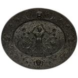 AMERICAN RADIATOR CO CAST IRON OVAL PLAQUE, FEMALE IN FOLIAGE, H 15", W 18"Black; impressed